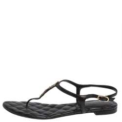 Chanel Black Leather CC Star Logo T Strap Thong Flat Sandals Size 39