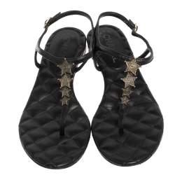 Chanel Black Leather CC Star Logo T Strap Thong Flat Sandals Size 39