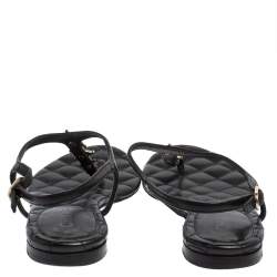 Chanel Black Leather CC Star Logo T Strap Thong Flat Sandals Size 39