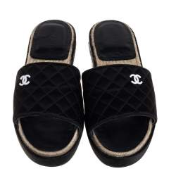 Chanel Black Satin CC Espadrille Slide Sandals Size 40