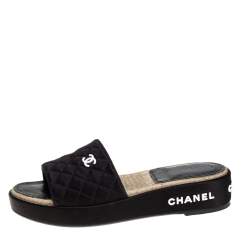 Chanel Black Satin CC Espadrille Slide Sandals Size 40