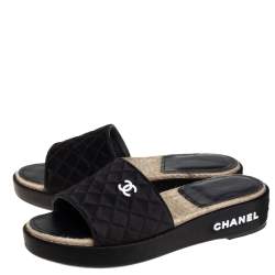 Chanel Black Satin CC Espadrille Slide Sandals Size 40
