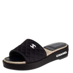 Chanel Black Satin CC Espadrille Slide Sandals Size 40