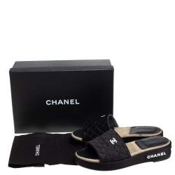 Chanel Black Satin CC Espadrille Slide Sandals Size 40