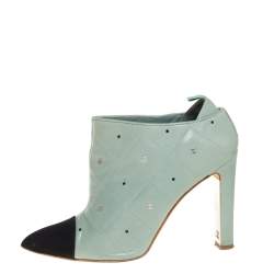Chanel Black/Green Quilted Leather CC and Crystal Embellished Booties Size 38.5