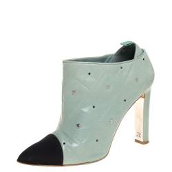 Chanel Black/Green Quilted Leather CC and Crystal Embellished Booties Size 38.5