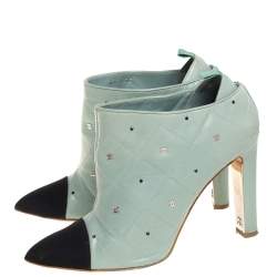 Chanel Black/Green Quilted Leather CC and Crystal Embellished Booties Size 38.5