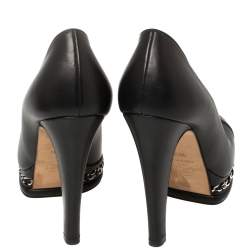 مملوكة مسبقًا حذاء كعب عالى شانيل نعل سميك سلسلة غطاء مقدمة سي سي جلد أسود مقاس 36.5