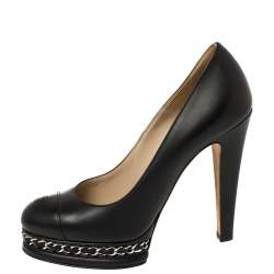 مملوكة مسبقًا حذاء كعب عالى شانيل نعل سميك سلسلة غطاء مقدمة سي سي جلد أسود مقاس 36.5