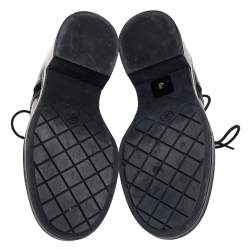 Pre Owned Chanel Black Patent Leather and Fabric Lace Up Block Heel Oxford Size 37