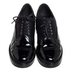 Pre Owned Chanel Black Patent Leather and Fabric Lace Up Block Heel Oxford Size 37