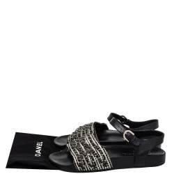 Pre Owned Chanel Black/White Leather And Woven Fabric Chain Embellished Ankle Strap Flat Sandals Size 39