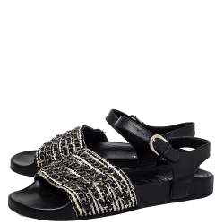 Pre Owned Chanel Black/White Leather And Woven Fabric Chain Embellished Ankle Strap Flat Sandals Size 39