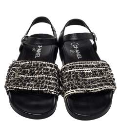 Pre Owned Chanel Black/White Leather And Woven Fabric Chain Embellished Ankle Strap Flat Sandals Size 39