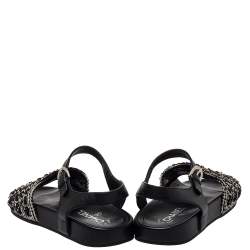 Pre Owned Chanel Black/White Leather And Woven Fabric Chain Embellished Ankle Strap Flat Sandals Size 39