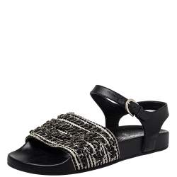 Pre Owned Chanel Black/White Leather And Woven Fabric Chain Embellished Ankle Strap Flat Sandals Size 39