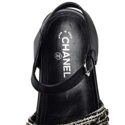 Pre Owned Chanel Black/White Leather And Woven Fabric Chain Embellished Ankle Strap Flat Sandals Size 39