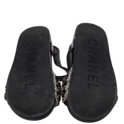 Pre Owned Chanel Black/White Leather And Woven Fabric Chain Embellished Ankle Strap Flat Sandals Size 39