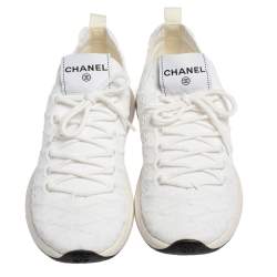 Pre Owned Chanel White Knit Fabric Lace Up Sneakers Size 37