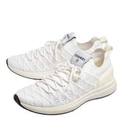 Pre Owned Chanel White Knit Fabric Lace Up Sneakers Size 37