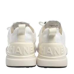 Pre Owned Chanel White Knit Fabric Lace Up Sneakers Size 37