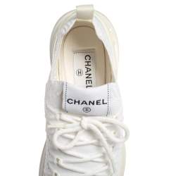 Pre Owned Chanel White Knit Fabric Lace Up Sneakers Size 37