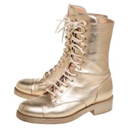 Chanel Gold Leather CC Lace Up Ankle Boots Size 41