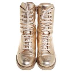 Chanel Gold Leather CC Lace Up Ankle Boots Size 41