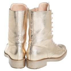 Chanel Gold Leather CC Lace Up Ankle Boots Size 41