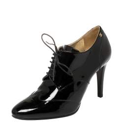 Chanel Black Patent Leather CC Lace Up Derby Ankle Booties Size 40