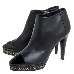 Chanel Black Leather Chain Embellished  CC Cap Toe Ankle Boots Size 38