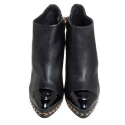 Chanel Black Leather Chain Embellished  CC Cap Toe Ankle Boots Size 38
