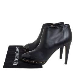 Chanel Black Leather Chain Embellished  CC Cap Toe Ankle Boots Size 38