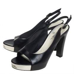 مملوكة مسبقًا Chanel Black Leather CC Peep Toe Platform Slingback Sandals Size 38.5