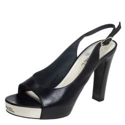 مملوكة مسبقًا Chanel Black Leather CC Peep Toe Platform Slingback Sandals Size 38.5