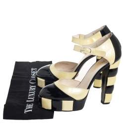 Pre Owned حذاء كعب عالي شانيل سير كاحل نعل سميك جلد لامع كريمي و أسود مقاس 38