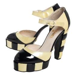 Pre Owned حذاء كعب عالي شانيل سير كاحل نعل سميك جلد لامع كريمي و أسود مقاس 38