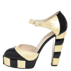 Pre Owned حذاء كعب عالي شانيل سير كاحل نعل سميك جلد لامع كريمي و أسود مقاس 38