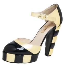 Pre Owned حذاء كعب عالي شانيل سير كاحل نعل سميك جلد لامع كريمي و أسود مقاس 38