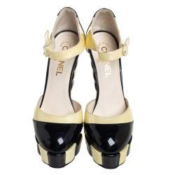 Pre Owned حذاء كعب عالي شانيل سير كاحل نعل سميك جلد لامع كريمي و أسود مقاس 38