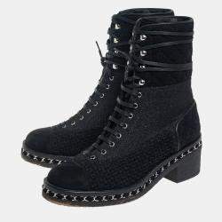 Chanel Black Tweed And Suede  Combat Boots Size 39
