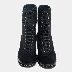 Chanel Black Tweed And Suede  Combat Boots Size 39