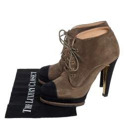 Chanel Olive Green/Black Glitter Suede Cap Toe Lace Up Booties Size 37.5