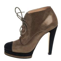 Chanel Olive Green/Black Glitter Suede Cap Toe Lace Up Booties Size 37.5