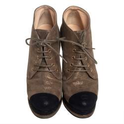 Chanel Olive Green/Black Glitter Suede Cap Toe Lace Up Booties Size 37.5