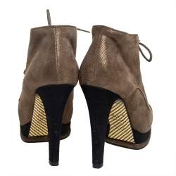 Chanel Olive Green/Black Glitter Suede Cap Toe Lace Up Booties Size 37.5