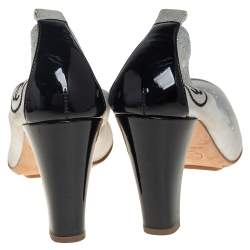 Pre Owned Chanel Silver/Black Suede And Patent Leather Cap Toe Elastic Ballet Pumps Size 38