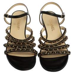 مملوكة مسبقًا Chanel Black Leather CC Chain Link Strap Sandals Size 39.5