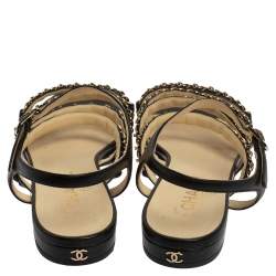 مملوكة مسبقًا Chanel Black Leather CC Chain Link Strap Sandals Size 39.5