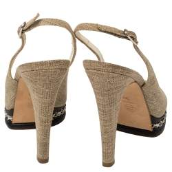 مملوكة مسبقًا Chanel Beige Canvas And Black Leather Peep Toe Platform Slingback Sandals Size 39.5